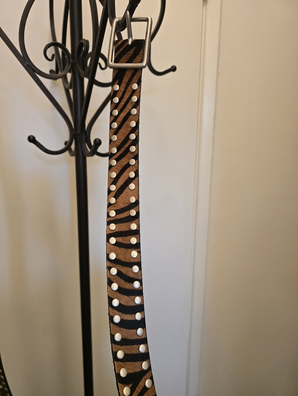 2 Preloved Belts (WCM NY) Studded Tiger Stripe Leather Belt &  Brown Belt